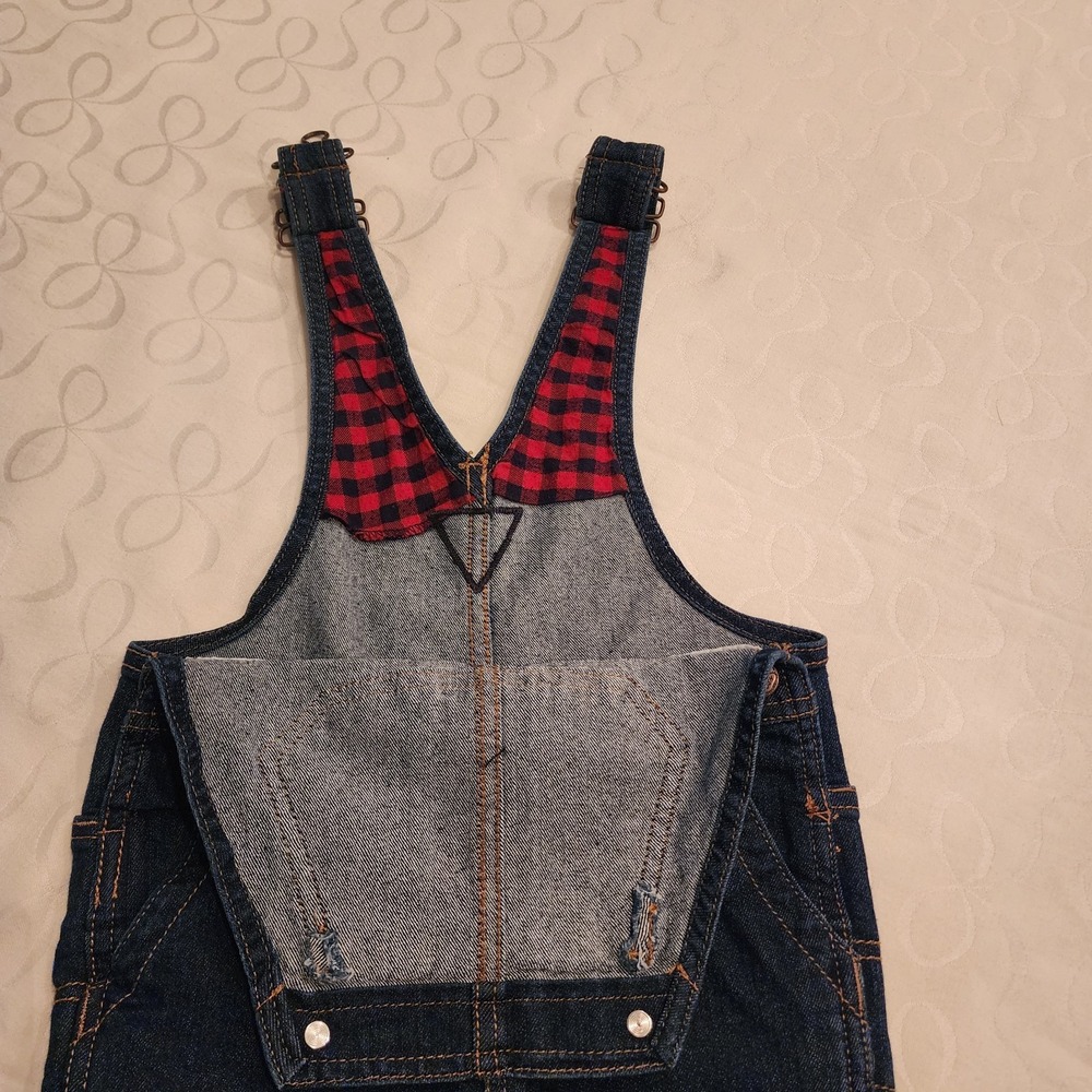 OshKosh B'gosh 3T Carpenter Overalls Dark Wash Denim Flannel Lined Buffalo Plaid - Picture 12 of 16